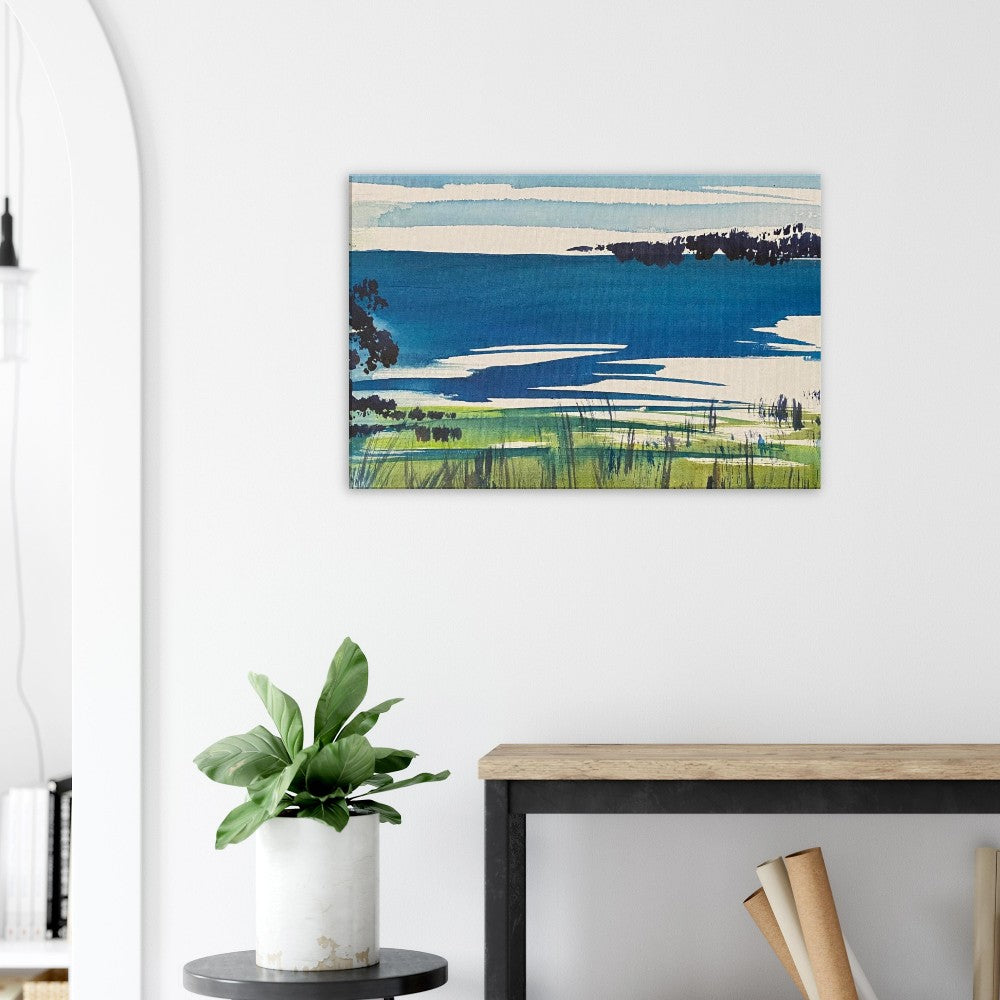 Bay Wall Art Canvas Art Print hanging on a wall, showcasing a serene scene inspired by Moreton Bay, Queensland, with vibrant blues and greens.