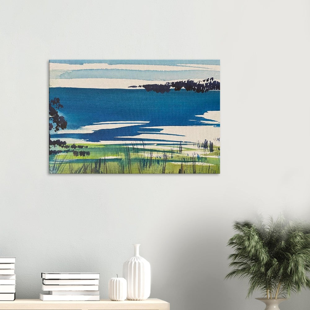 Bay Wall Art Canvas Art Print featuring Moreton Bay, ready-to-hang unframed on wall near decorative items.