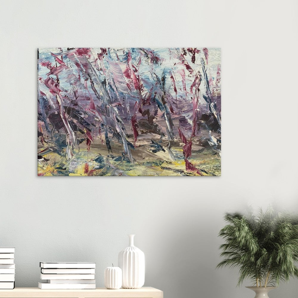 Storm abstract landscape canvas wall art print hanging on wall in modern room.