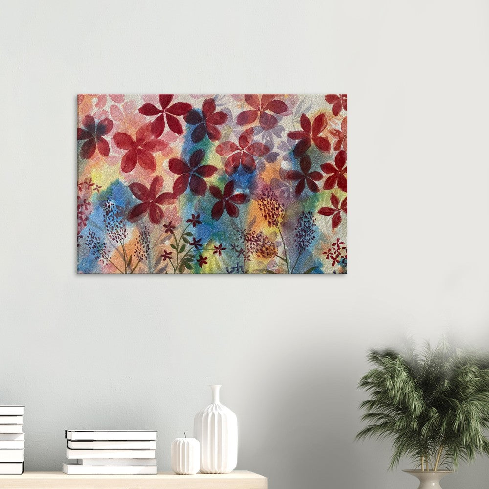 Red flowers colorful wall art canvas print, ready-to-hang, brightens home decor.