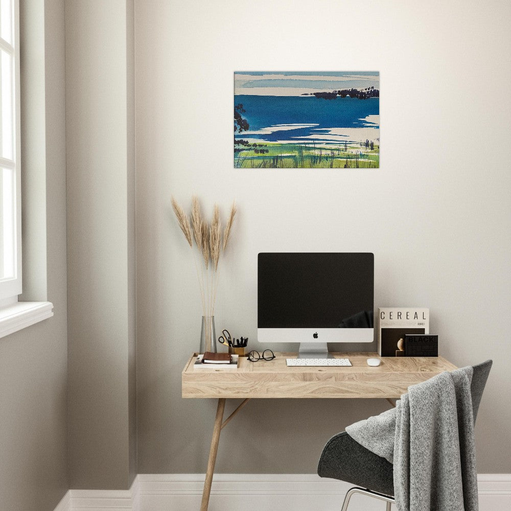 Bay Wall Art Canvas Art Print displayed above a modern desk setup in a serene office setting.