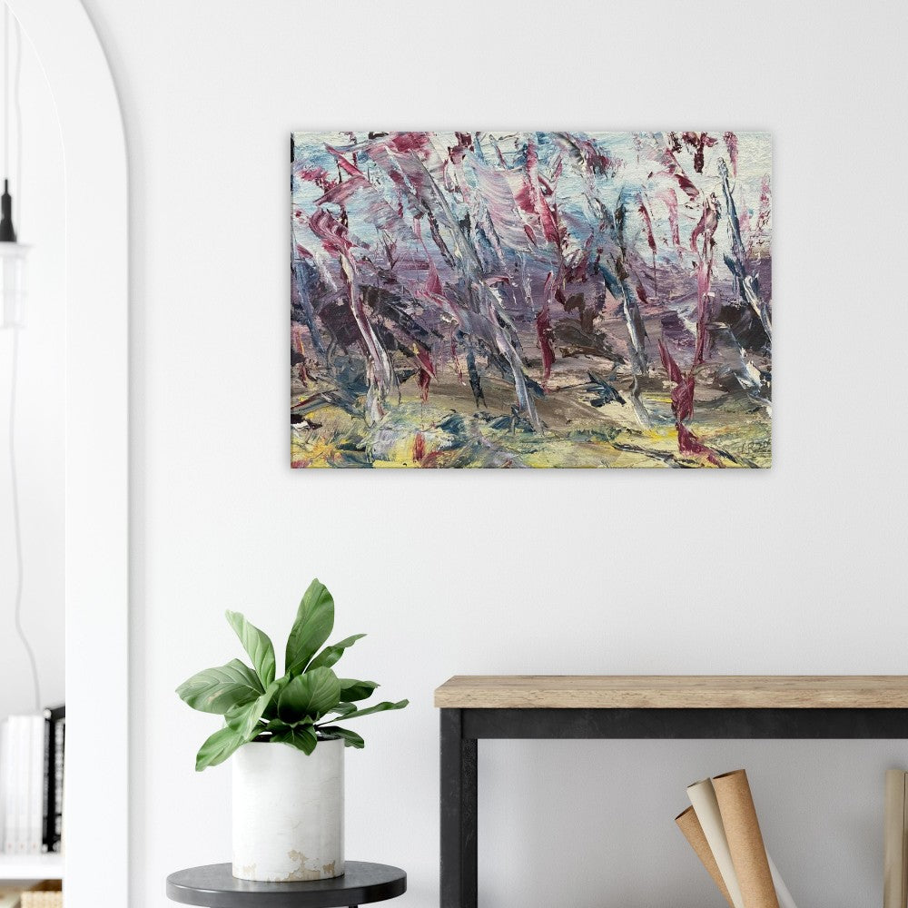 Storm abstract landscape canvas wall art print ready-to-hang in living room setting.