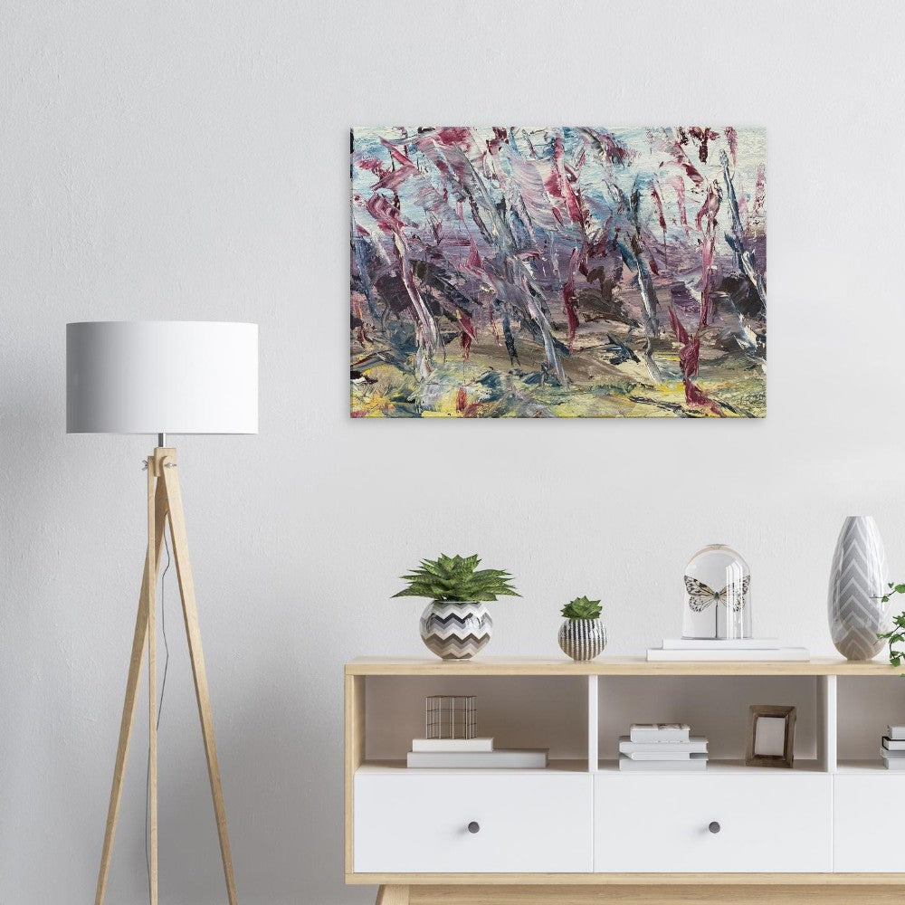 Storm abstract landscape canvas wall art print ready-to-hang in living room setting.