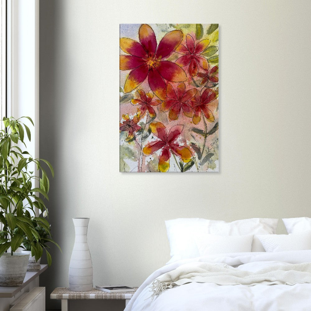 Dahlia Flowers Wall Art Canvas Print with deep-red and golden-yellow petals, displayed in a modern bedroom setting.