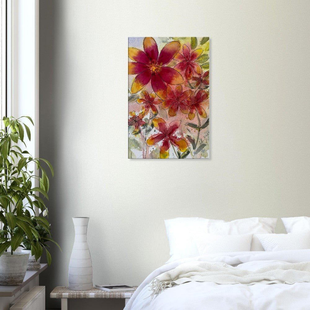 Dahlia flowers wall art canvas print with deep-red and golden-yellow petals, ready-to-hang.