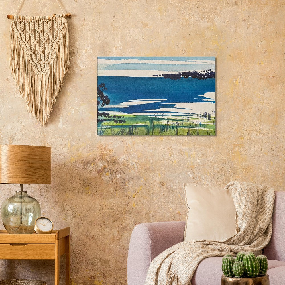 Bay Wall Art Canvas Art Print displayed in a cozy living room setting with a lamp and macramé wall decor.