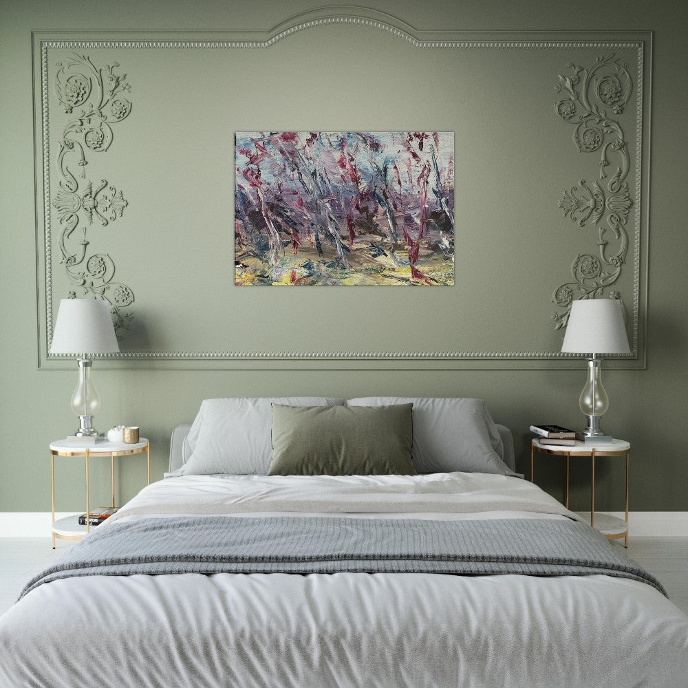 Storm abstract landscape canvas wall art print in a bedroom setting.