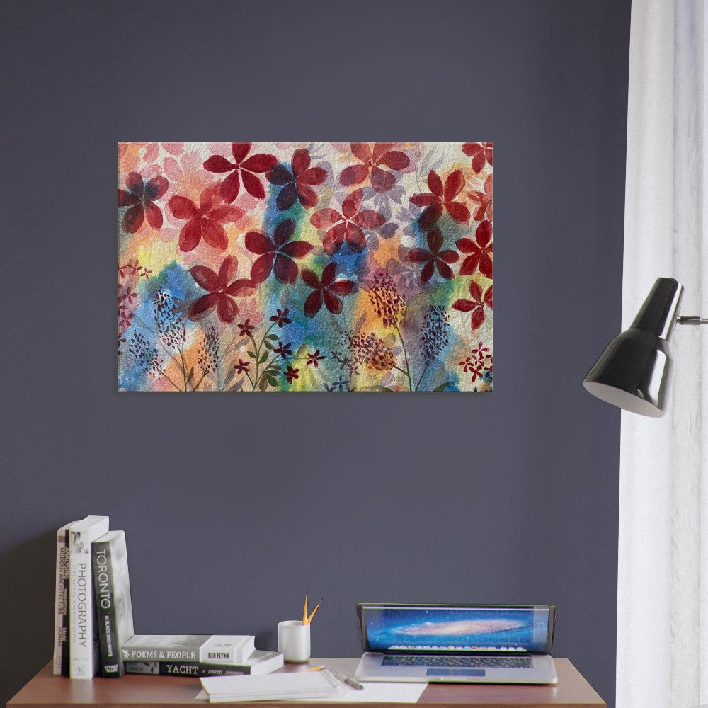 Red Flowers Colorful Wall Art Canvas on Dark Wall