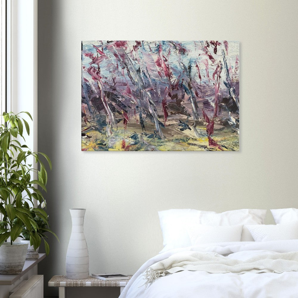 Storm abstract landscape canvas wall art print hanging in modern bedroom setting.