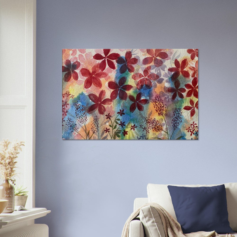 Red flowers colorful wall art canvas print in living room setting.