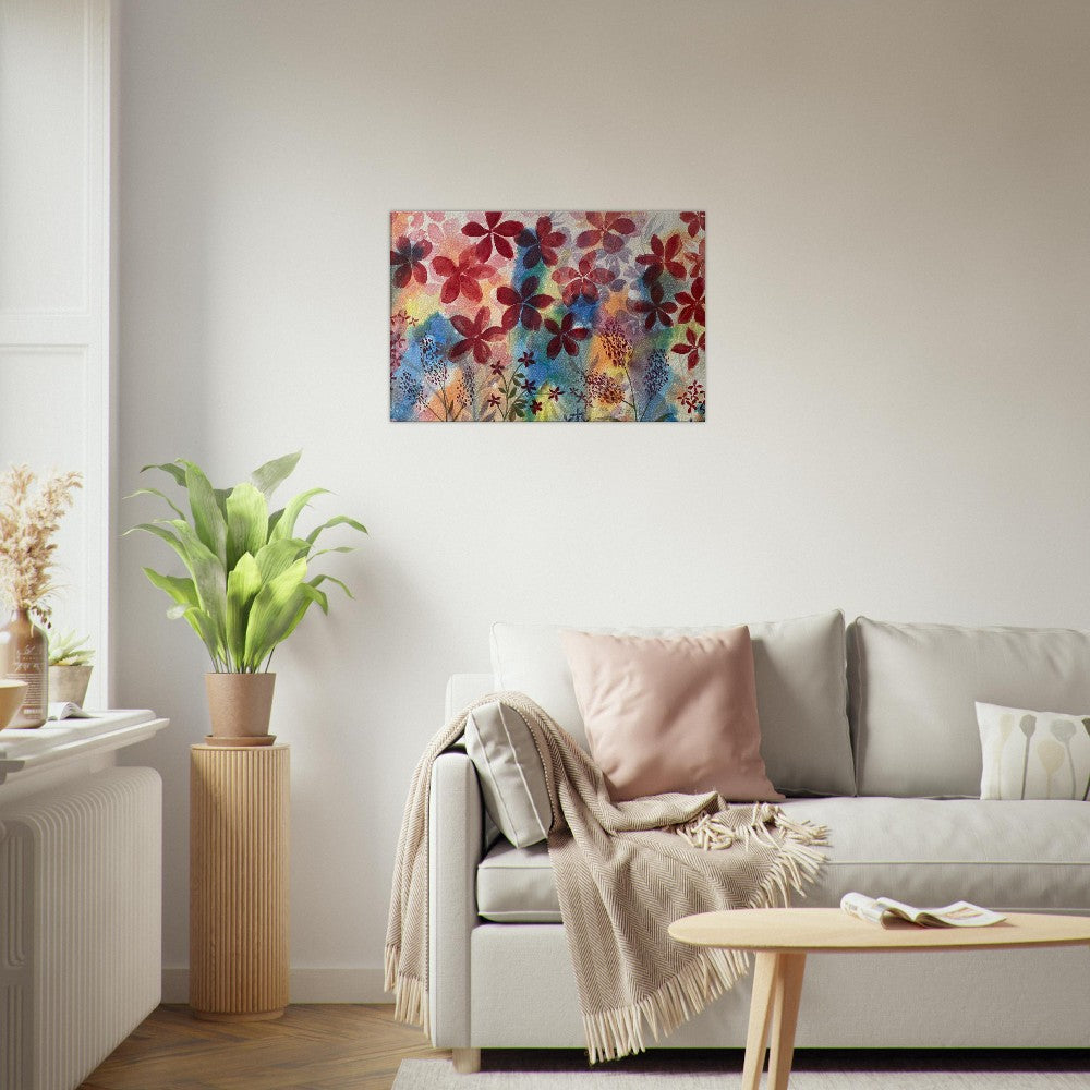 Colorful red flower wall art canvas print in living room setting.