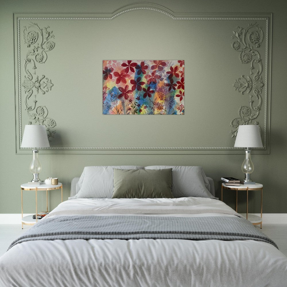 Red flowers colorful wall art canvas print above bed in stylish bedroom.