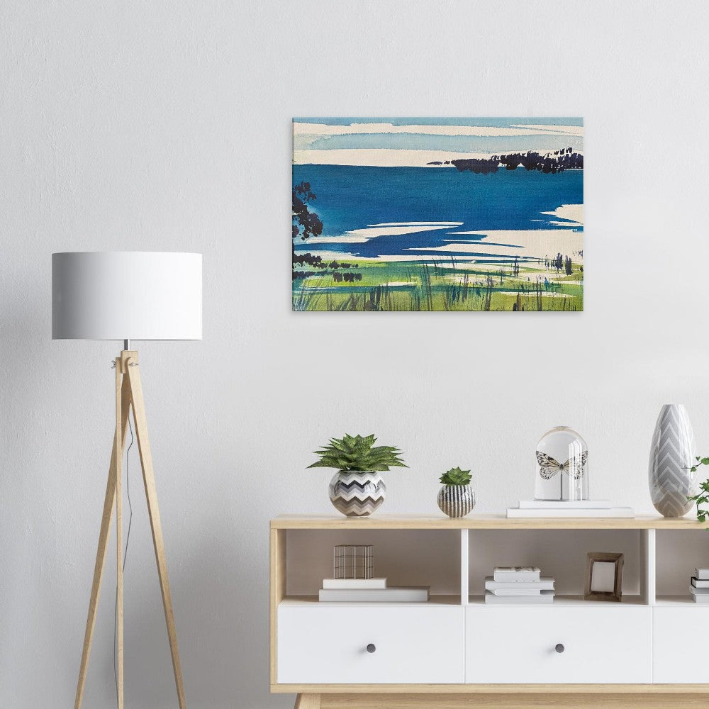 Bay Wall Art Canvas Art Print hanging above a modern sideboard with decorative items.