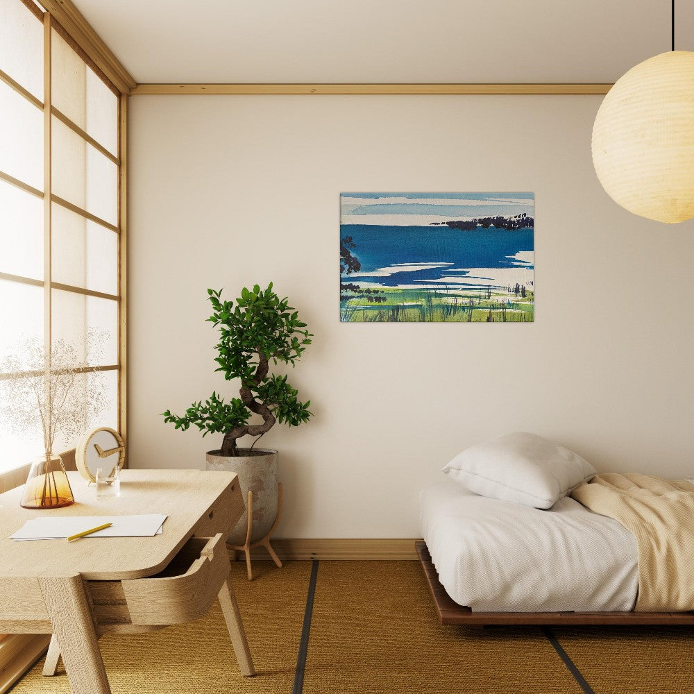 Bay Wall Art Canvas Art Print in serene bedroom setting, featuring Moreton Bay scene.