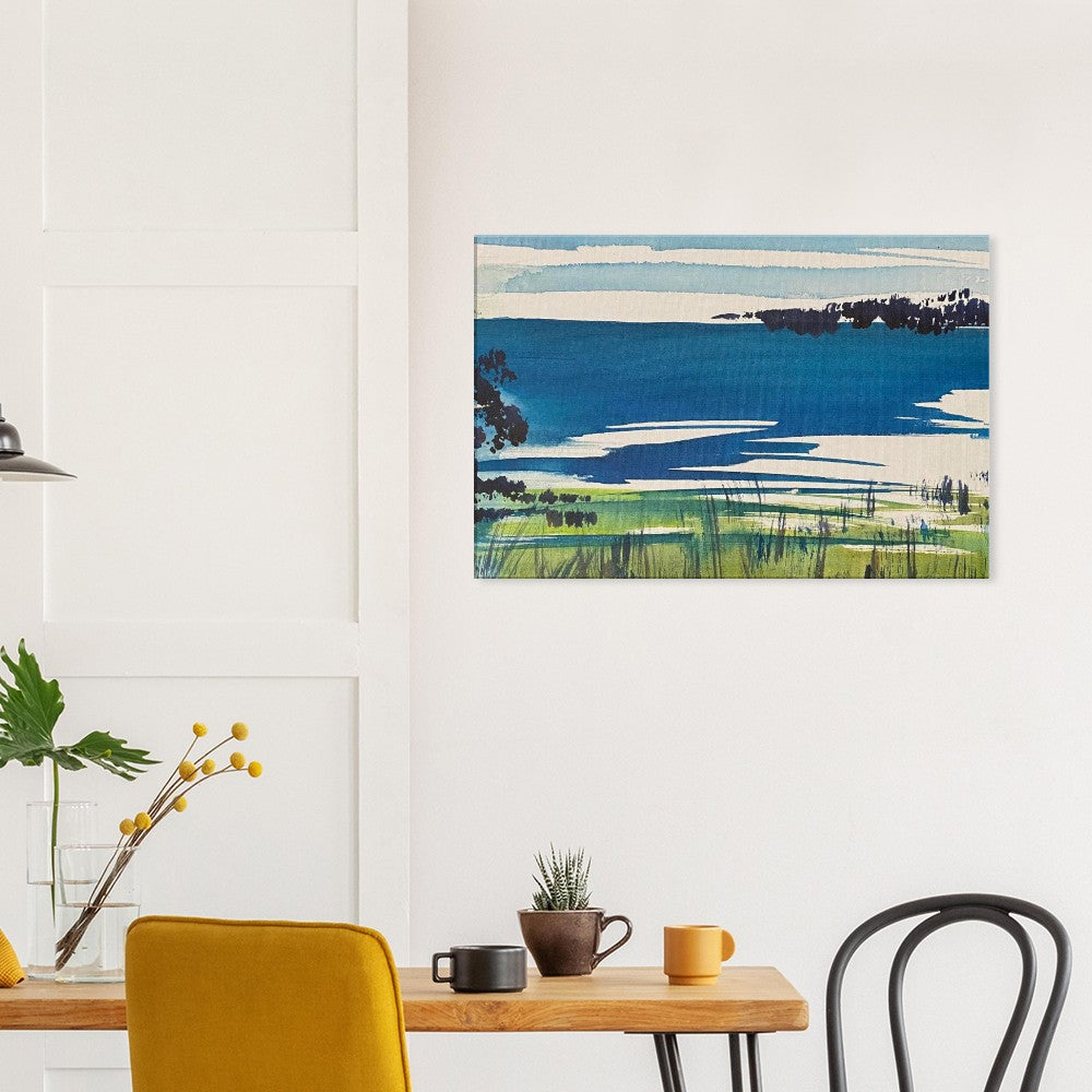 Bay wall art canvas print featuring a serene scene of Moreton Bay, Australia, ready-to-hang in a modern room setting.