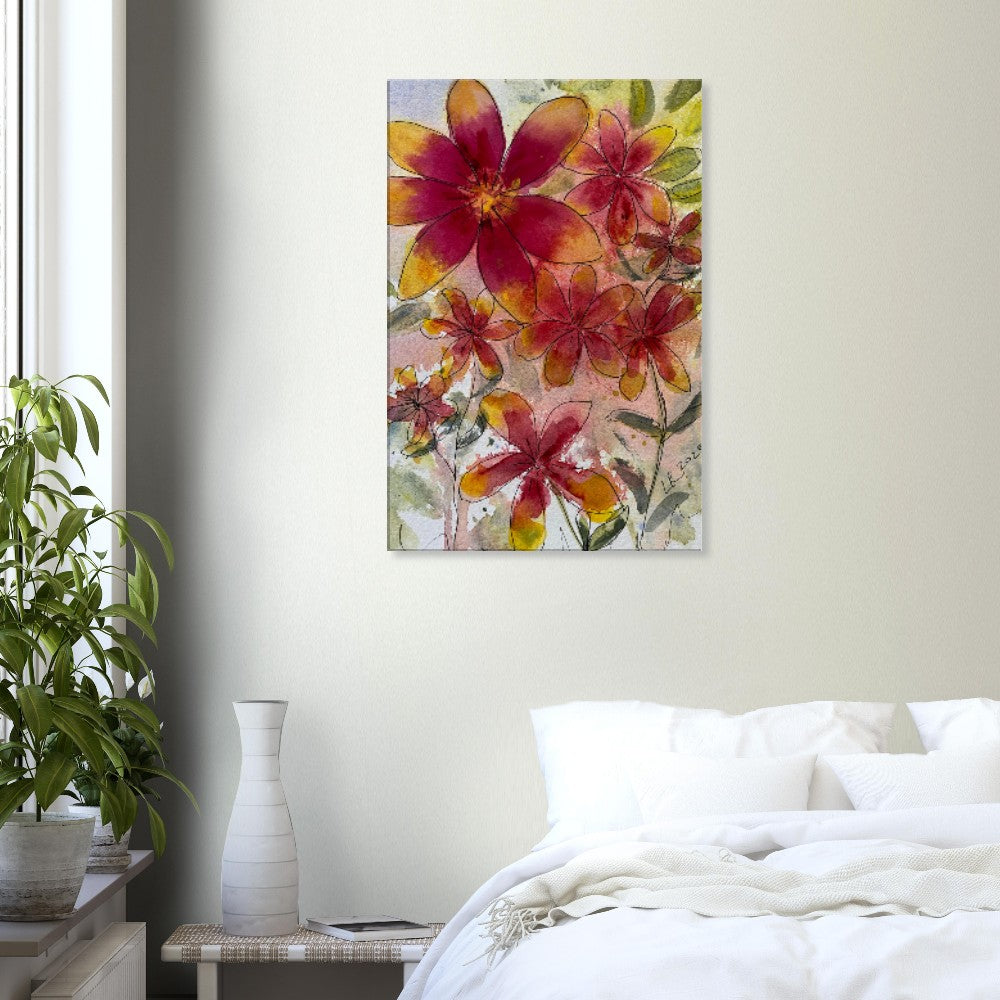 Dahlia Flowers Wall Art Canvas Print with vibrant deep-red and golden-yellow petals in bedroom setting.