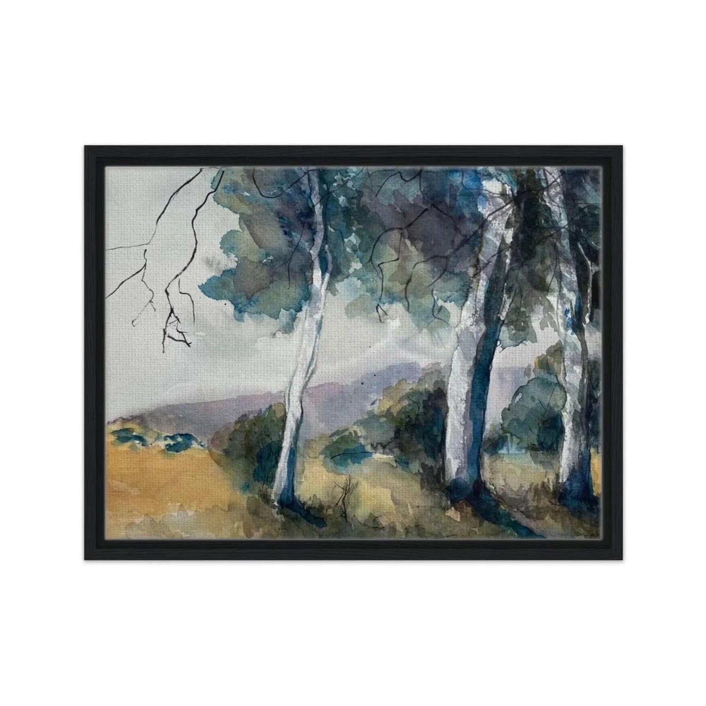 Australian watercolor landscape wall art with gum trees, framed canvas print, ready-to-hang with black frame option.