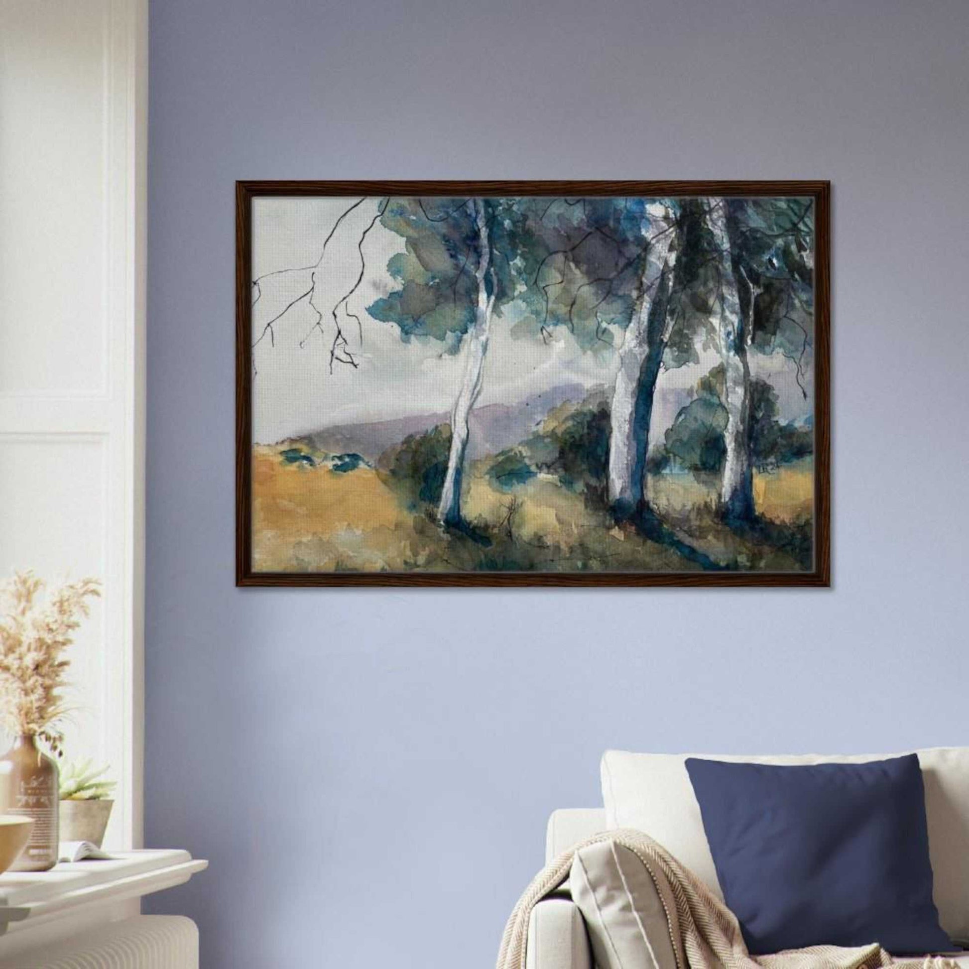 Australian watercolor landscape wall art print with gum trees and hills, framed and ready-to-hang, displayed in a room.