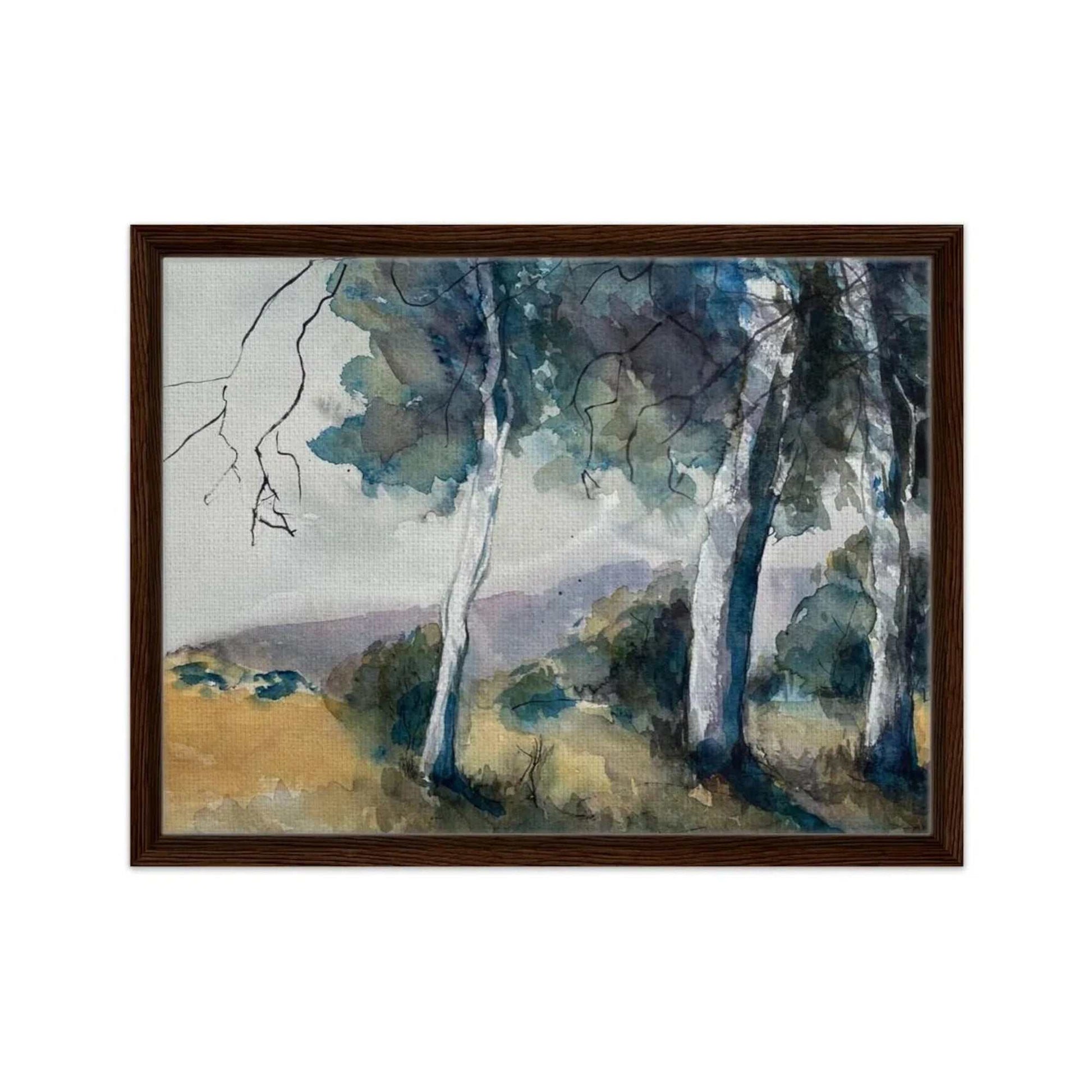 Australian landscape watercolor canvas wall art with gum trees and hills, framed and ready-to-hang, dark brown frame.