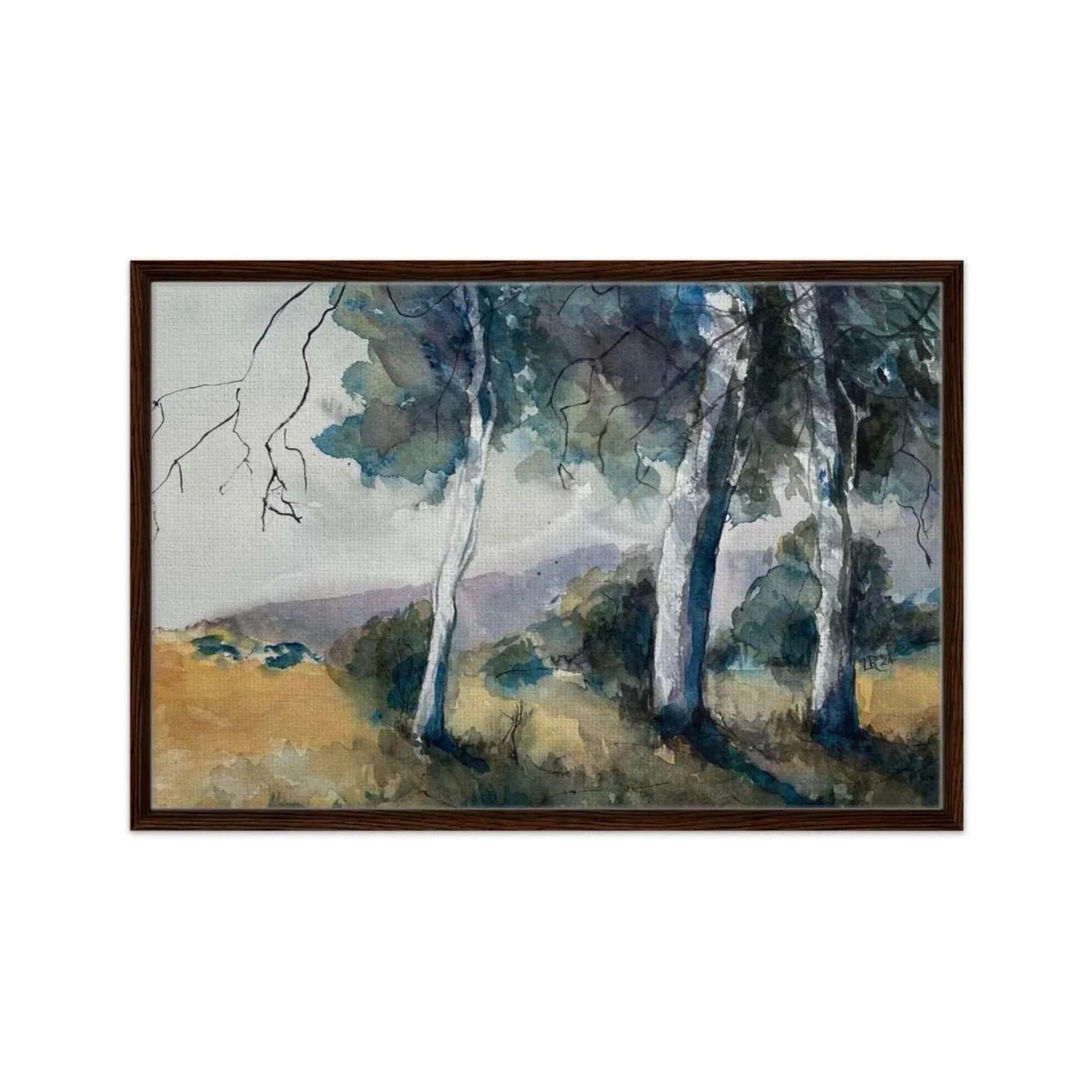 Australian watercolor landscape wall art print with trees, hills, and grasses, framed and ready-to-hang with three color options.