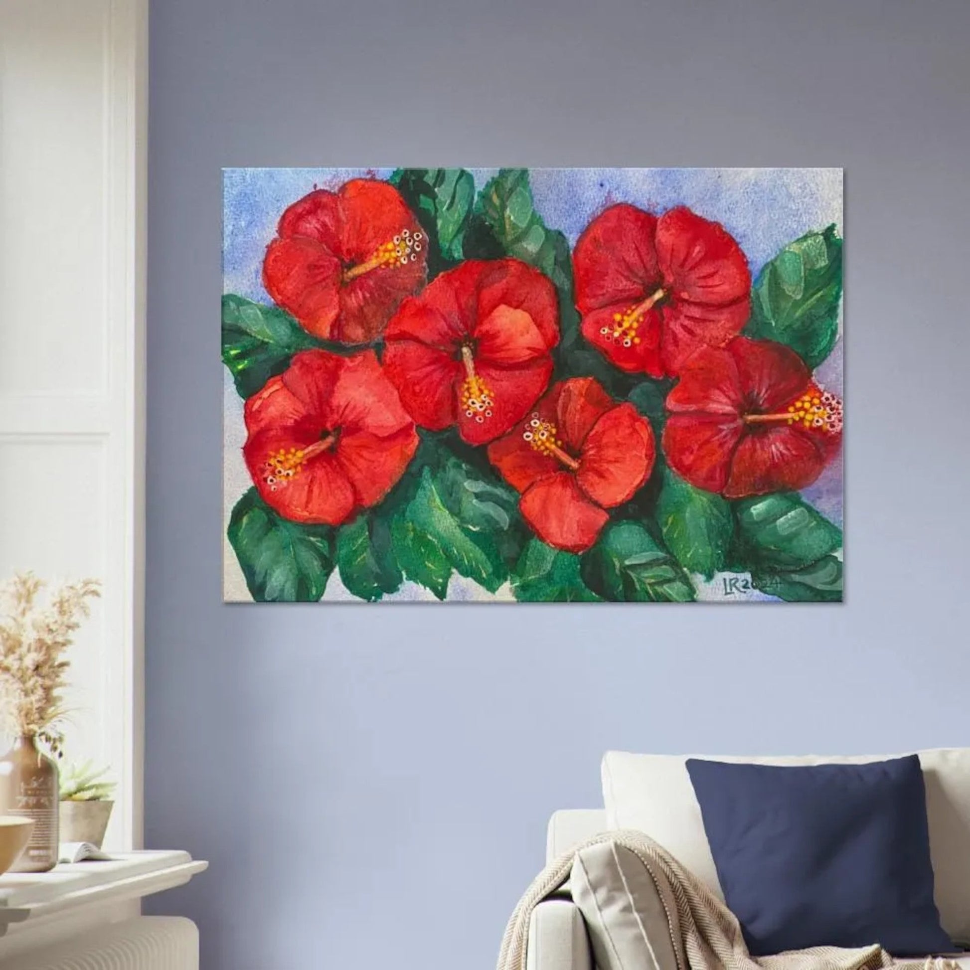 Hibiscus wall art canvas print with vibrant red flowers, ready-to-hang, free delivery.