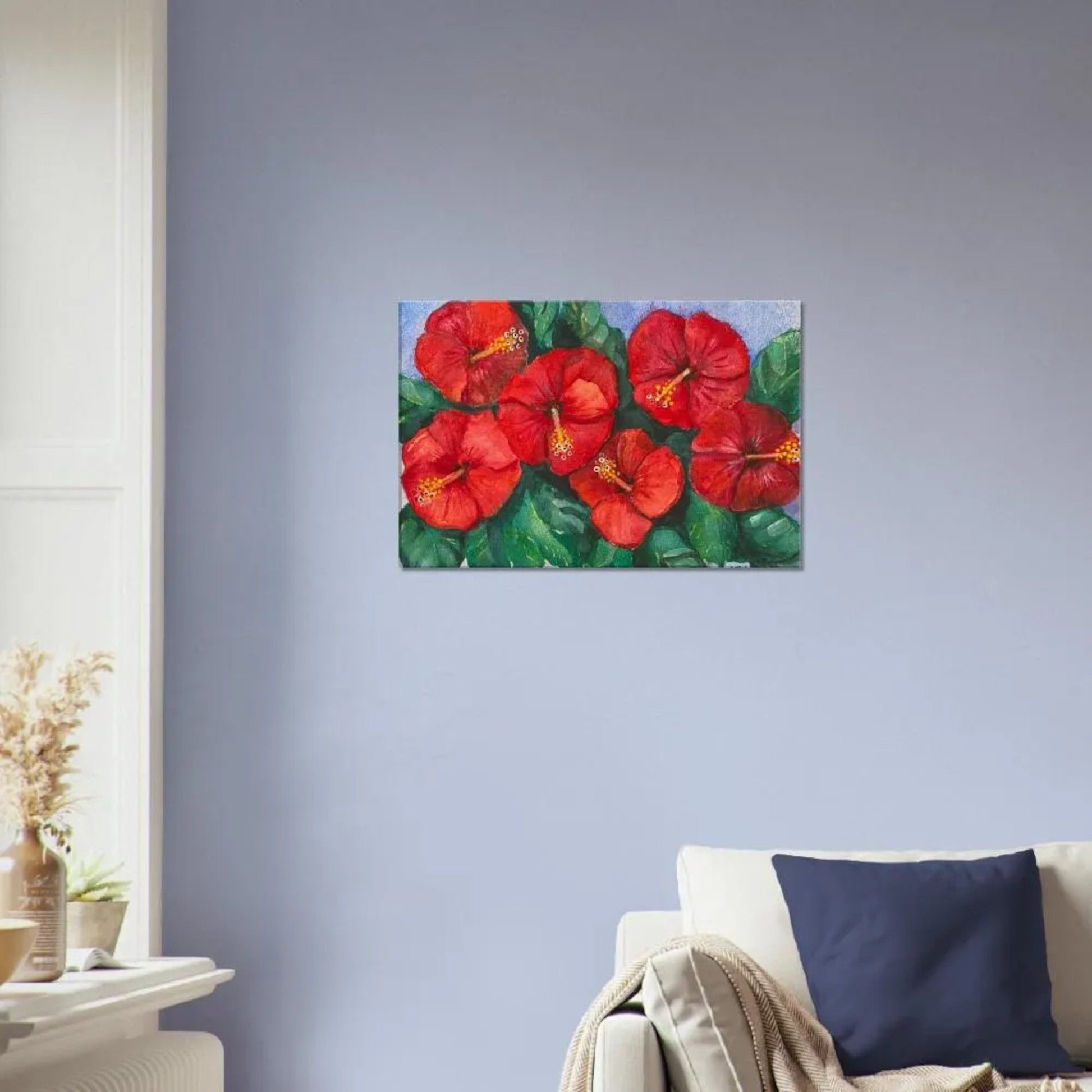 Hibiscus wall art canvas print with red flowers, ready-to-hang.