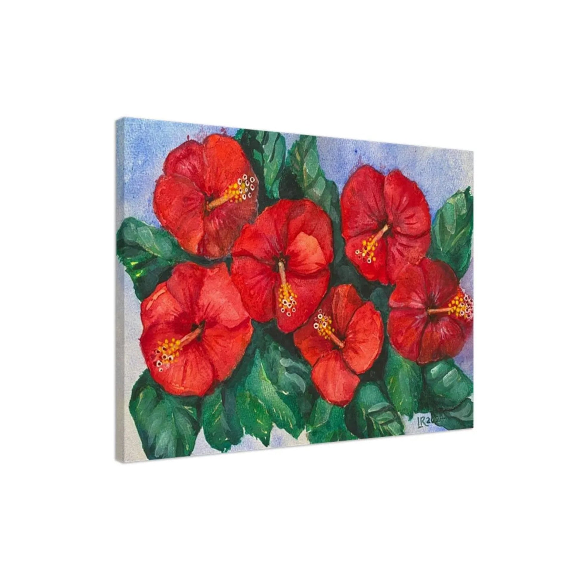 Hibiscus wall art flowers canvas print ready-to-hang, vibrant red blooms, FSC-certified wood, free delivery.