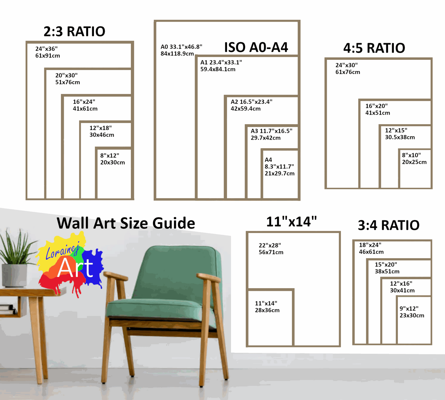 Birds wall art size guide with various frame dimensions and ratios.