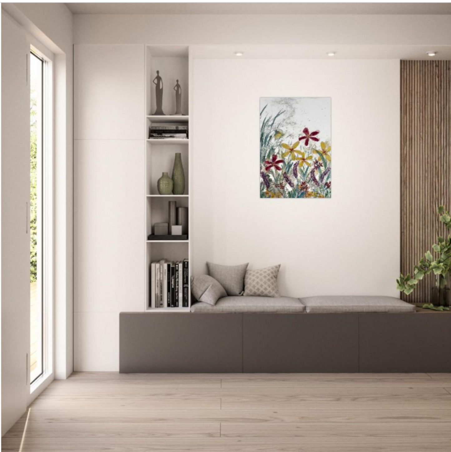 Wildflowers wall art canvas print in modern living room, ready-to-hang.