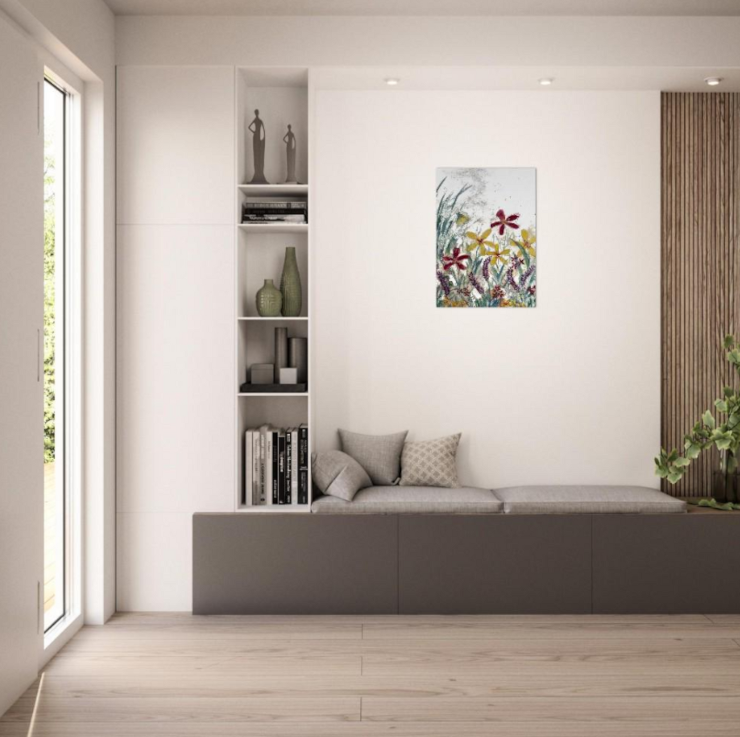 Wildflowers wall art canvas print in modern living room, ready-to-hang.