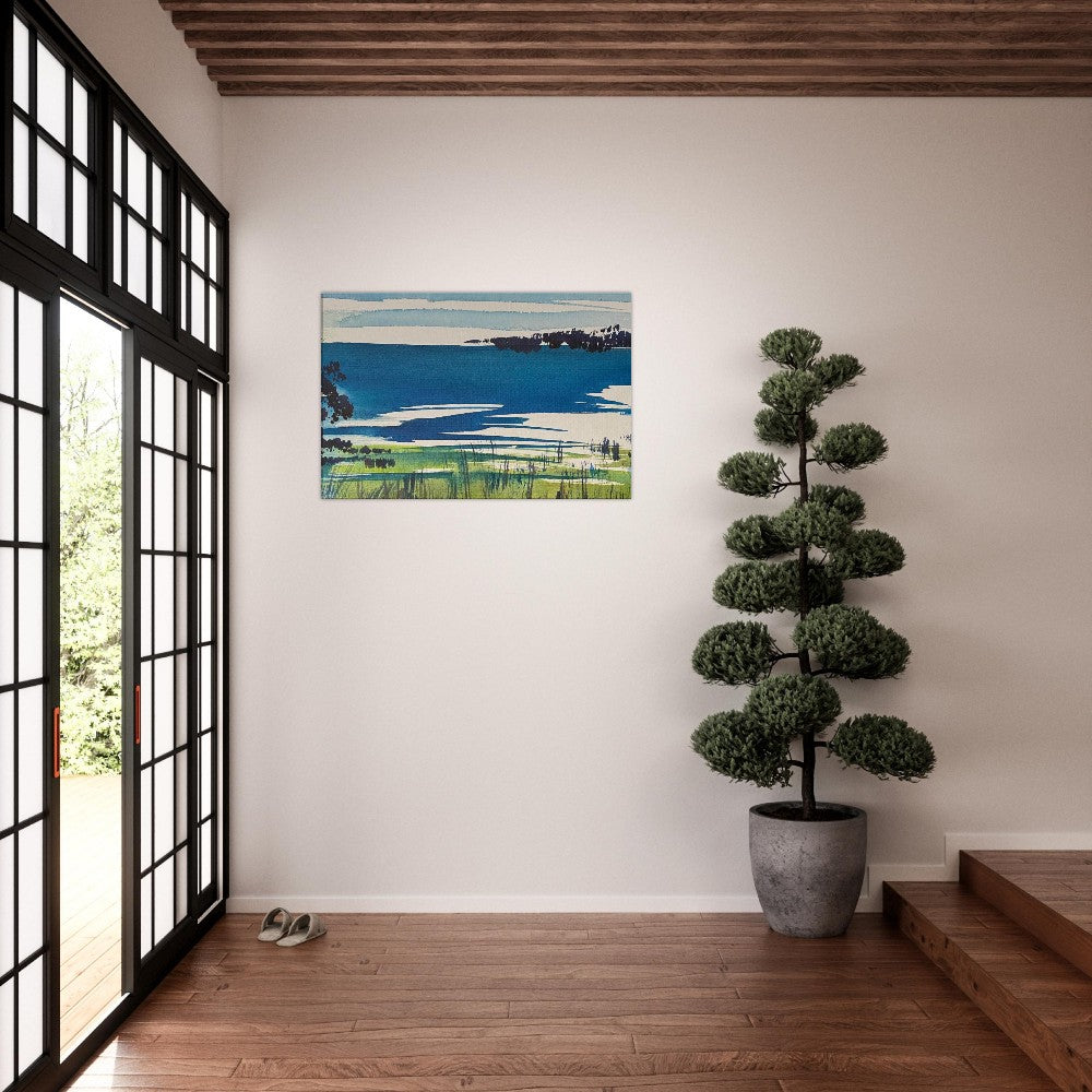 Bay Wall Art Canvas Print hanging in a modern room, depicting Moreton Bay's peaceful landscape, ready-to-hang.