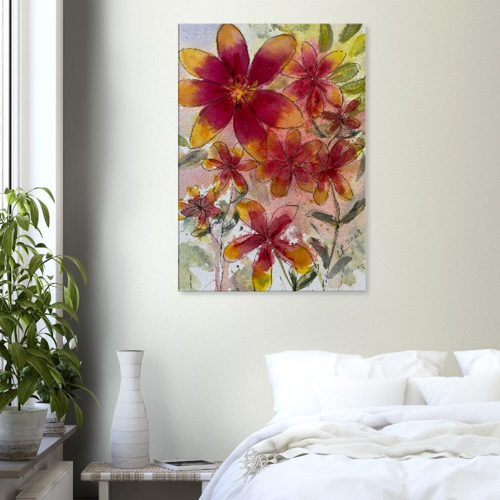 Dahlia Flowers Wall Art Canvas Art Print Ready-to-Hang in bedroom setting.