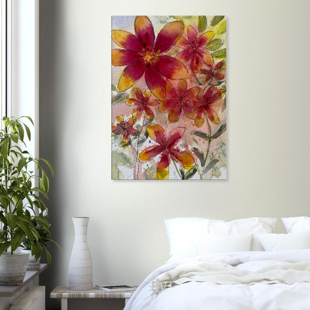 Dahlia flowers wall art canvas print with deep-red and golden-yellow petals, ready-to-hang.