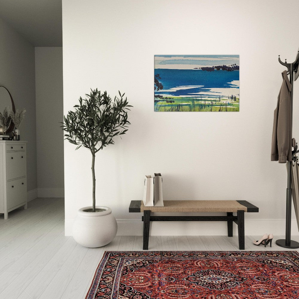 Bay Wall Art Canvas Art Print hanging in a minimalist room with a bench and potted plant.