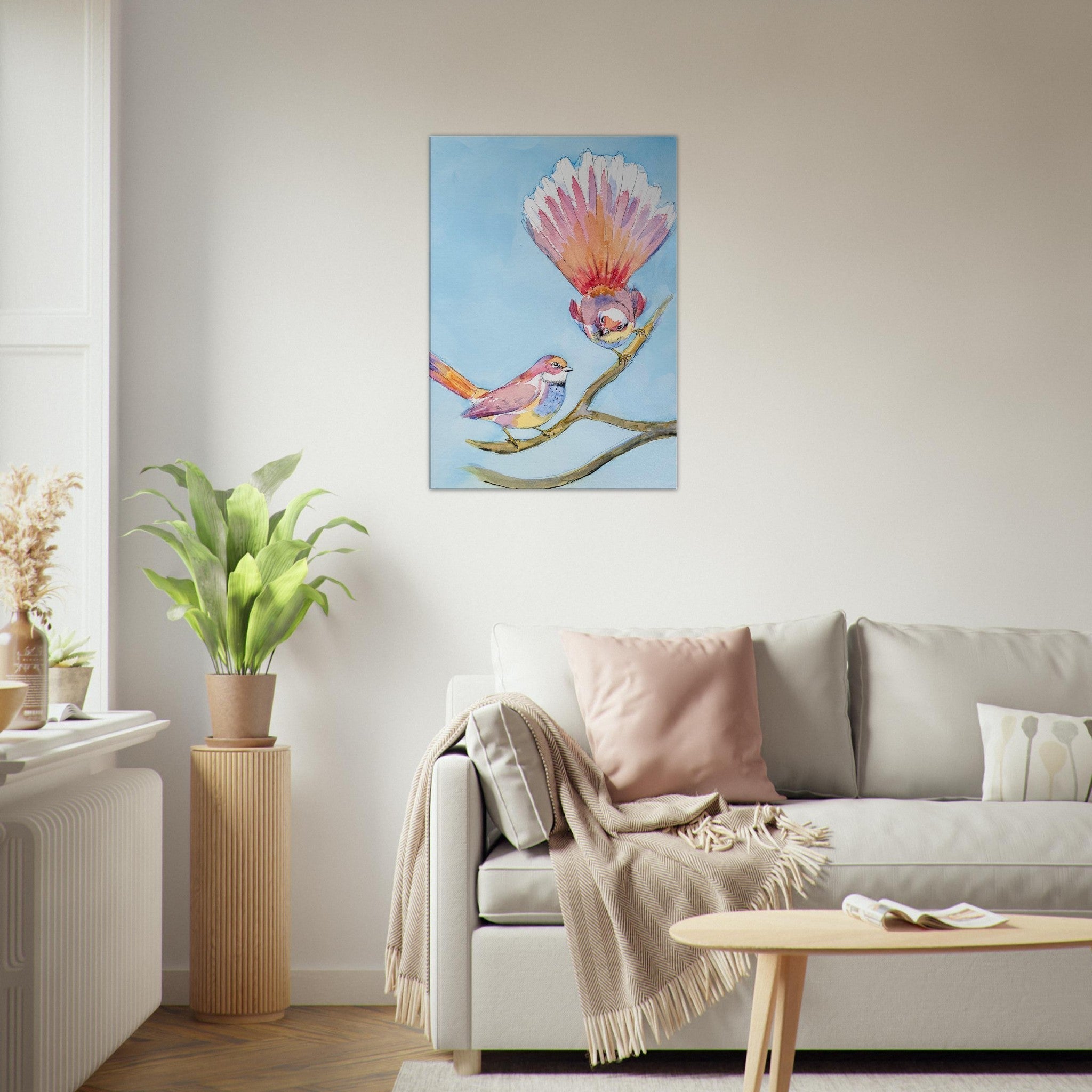 Birds wall art canvas print with colorful birds in blues and pinks, ready to hang in living room decor.