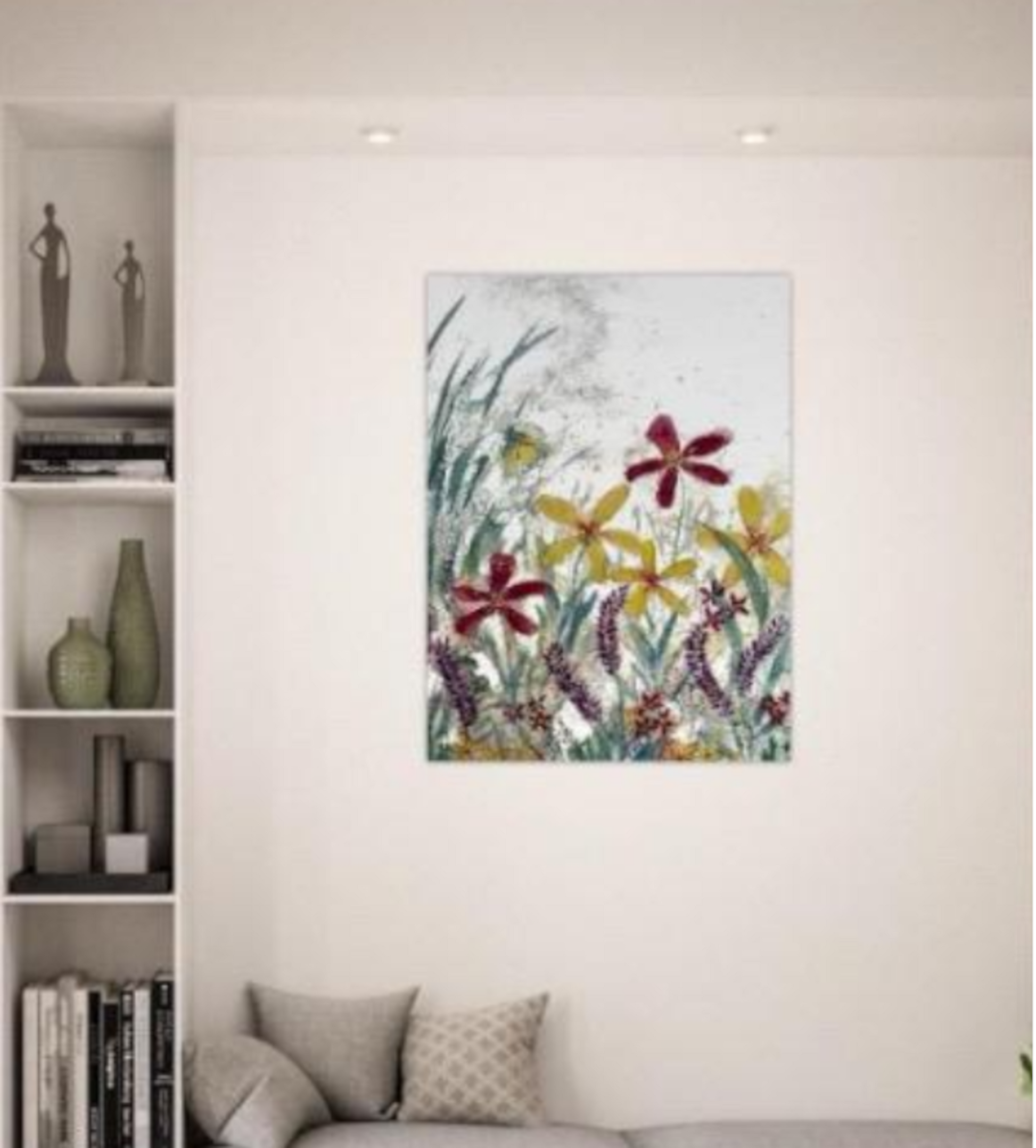 Wildflowers canvas art print hanging in modern living room.